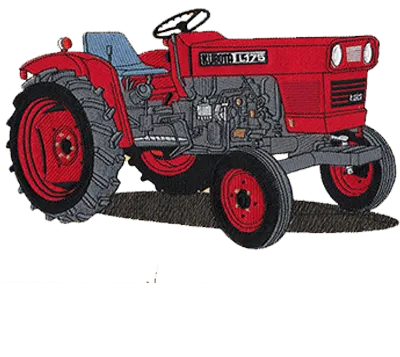 Embroidered tractor badge stitched in red, grey and black thread.