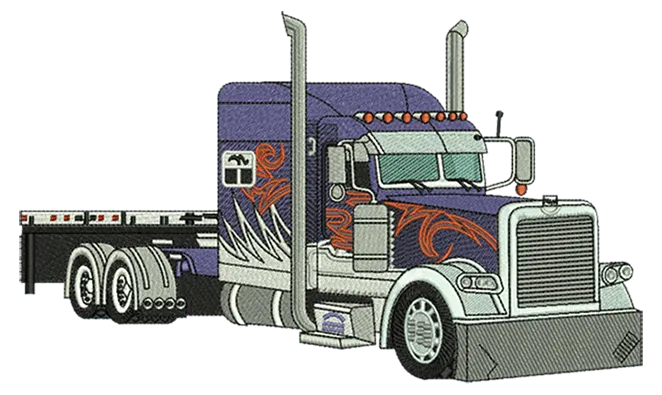 Digitized embroidery of a flat-bed truck, stitched in purple and chrome thread.