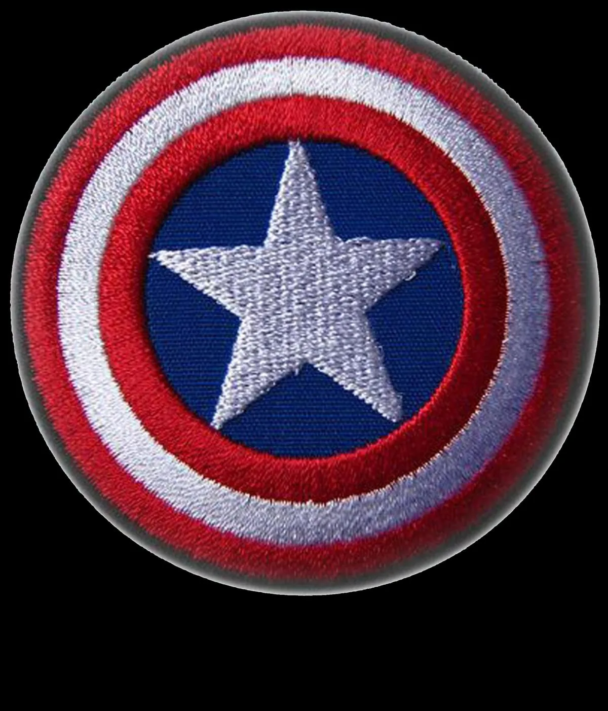 Embroidered shield patch with a merrow border and dense satin stitching.
