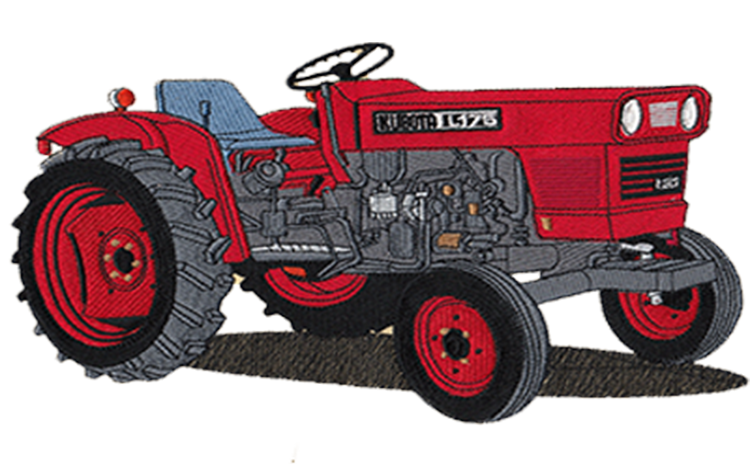 Embroidery digitizing sample: a red vintage farm tractor shown in three-quarter view.