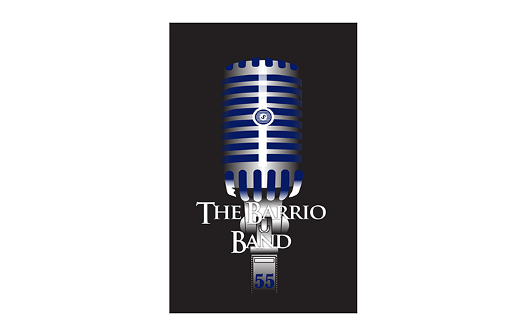 Vector artwork sample: a chrome vintage microphone on a black field, lettered “The Barrio Band”.