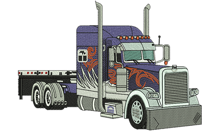 Embroidery digitizing sample: a purple and blue flatbed semi truck with airbrushed flame detailing.