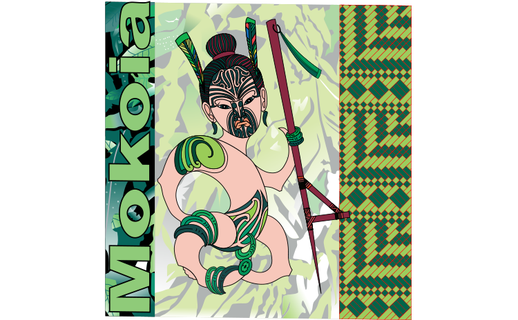 Vector artwork sample: a Māori warrior figure with facial moko and a taiaha, beside the wordmark “Mokoia”.