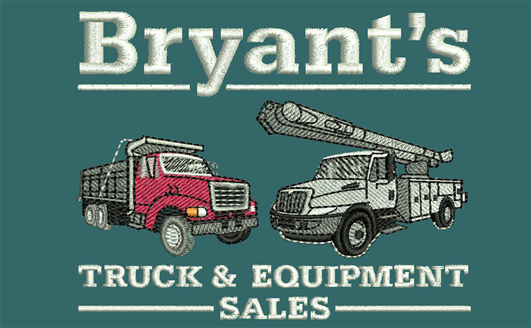 Embroidery digitizing sample: two work trucks beneath the wordmark “Bryant’s Truck & Equipment Sales”.